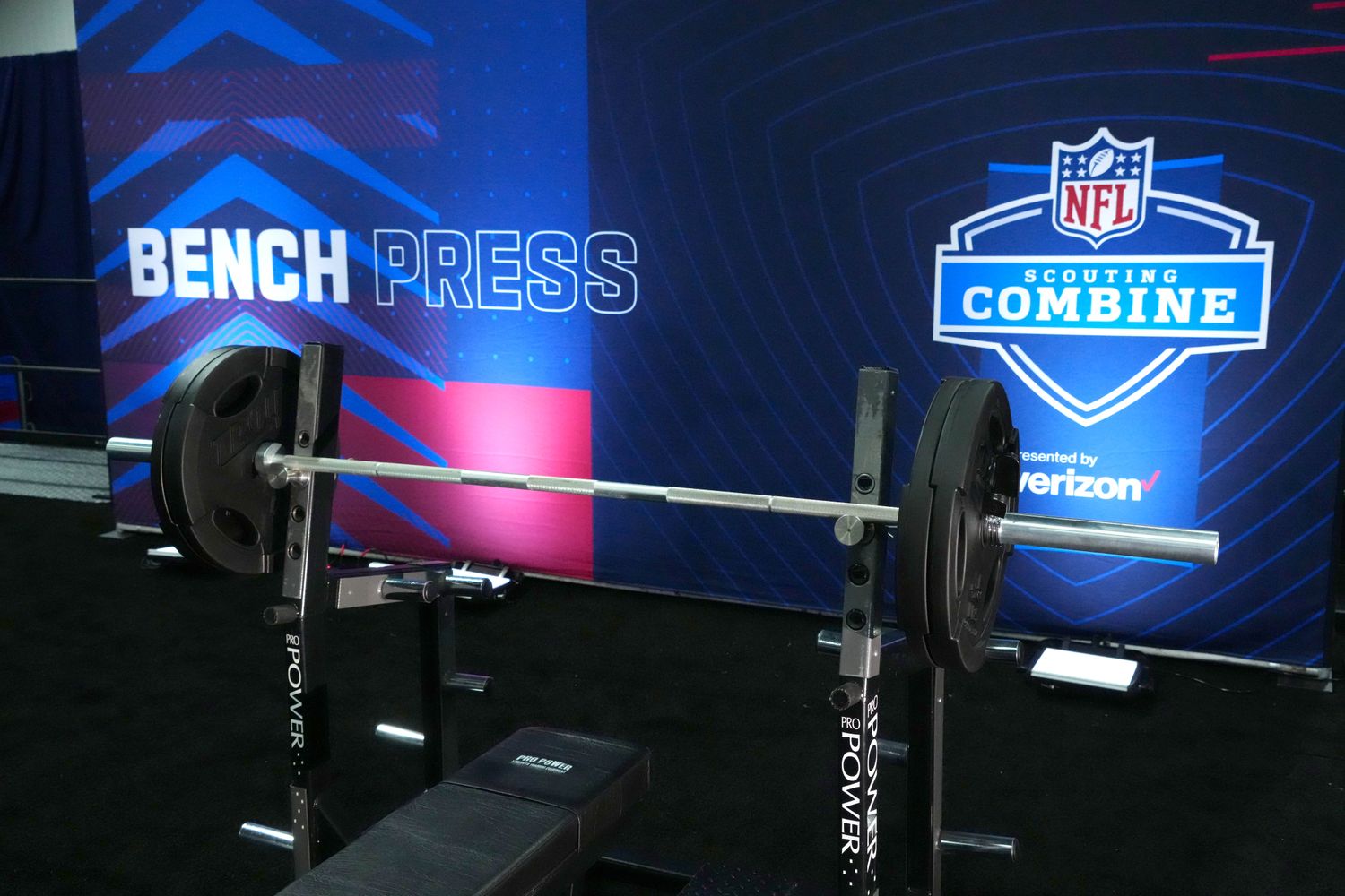 Mar 1, 2022; Indianapolis, IN, USA; The Bench Press station at the NFL Combine at the Indiana Convention Center. Mandatory Credit: Kirby Lee-USA TODAY Sports